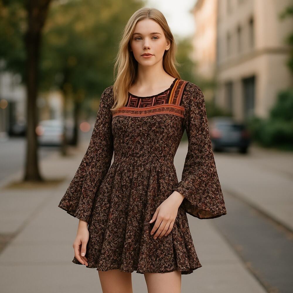 Ecote Mini Dress Womens 2 Black Floral Fray Hem Lightweight Boho Academia Style